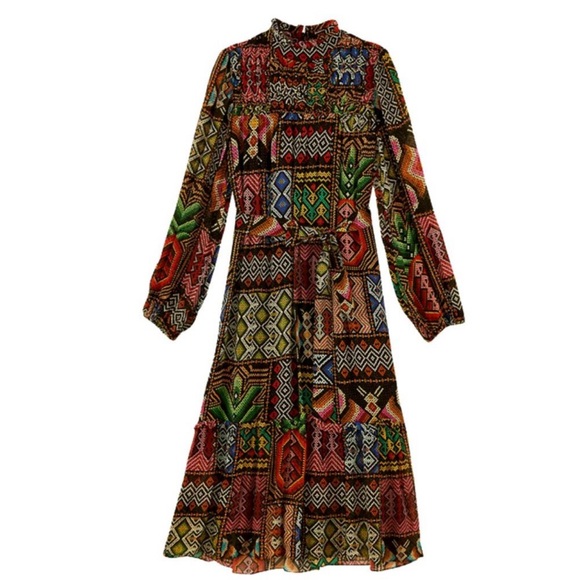 NWT FARM Rio Rauti Midi Dress Large Multi Abstract Tiered Long Sleeve High Neck - Picture 5 of 5